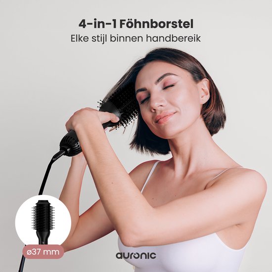 Auronic Brosse-sèche-cheveux 4 en 1 - Airstyler - Peignes - Coiffures - Boucles - Séchage - Brosse à boucler de 37 mm - Flux d'air à 360 degrés - Noir/Noir