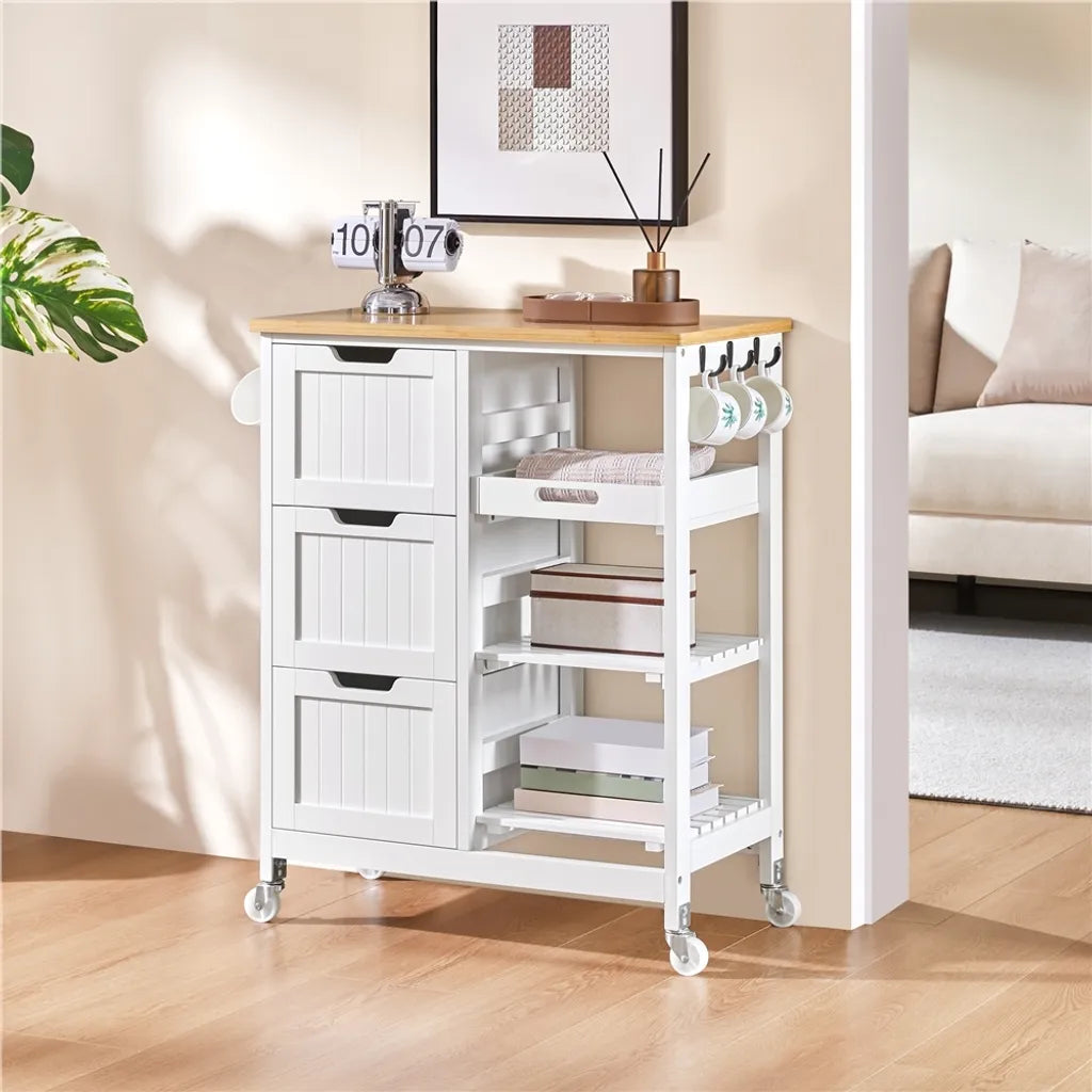 Chariot de cuisine Yaheetech sur roulettes – Blanc/Bambou – 67 x 37 x 84,5 cm – Avec 3 tiroirs et 3 étagères