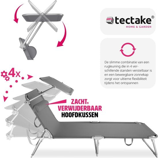 tectake® - chaise longue, robuste, réglable, base en acier avec parasol, dossier à 4 positions avec coussin, chaise de plage Idéal pour le jardin, la piscine, le camping - gris