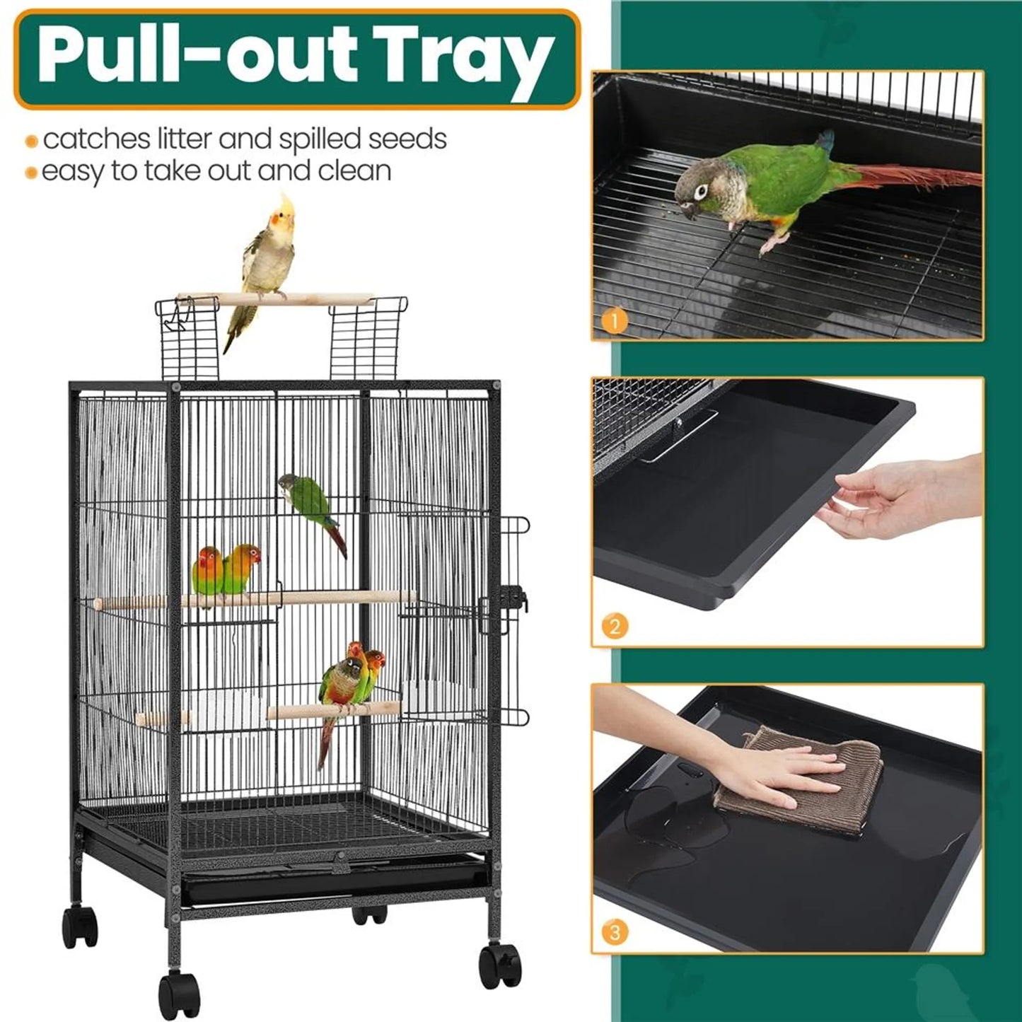 Yaheetech Cage à oiseaux avec toit ouvert - 45,5 x 45,5 x 79 cm - avec roues amovibles et tiroir inférieur extractible et revêtement en poudre martelée - pour perruches et canaris - métal noir et bois