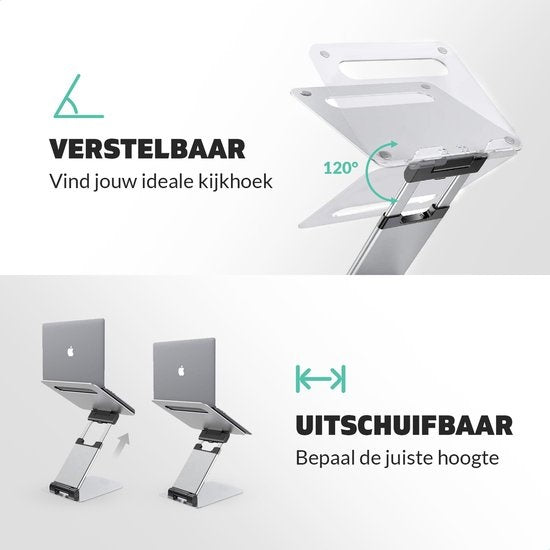 LURK® Laptop Stand Ergonomic - Laptop Raiser en aluminium - Travailler debout - Ajustable et pliable - Silver