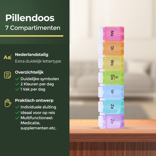 Boîte à pilules Gandria 7 jours - Boîte à pilules - Boîte à pilules avec 7 compartiments - Boîte à médicaments avec fermeture solide - Grands compartiments - Différentes couleurs
