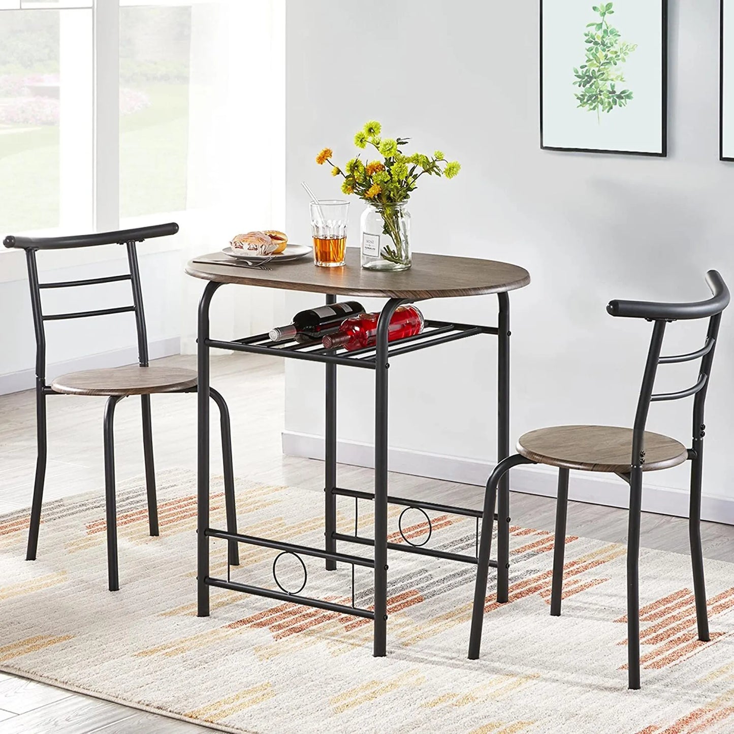 Yaheetech Dining Set Of 3 - Comprend une table avec 2 chaises, une étagère de rangement réglable et un revêtement hydrofuge - Pour la cuisine et la salle à manger - Driftwood Brown Metal and MDF - 80 x 53 x 73.5 cm