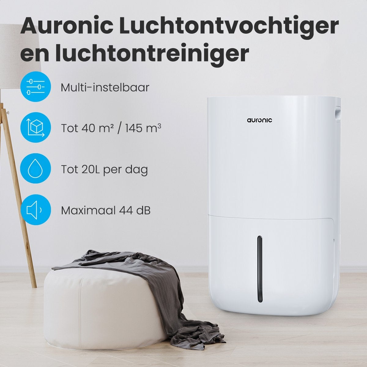 Déshumidificateur 2-en-1 – Auronic – Purificateur d’air – Réservoir 5 L – Jusqu’à 60 m² – Tuyau de vidange inclus