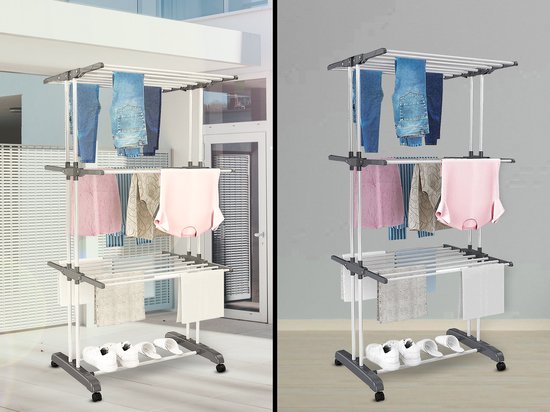 Vonia Tour de séchage - Étagère de séchage - Étagère de linge - Tour de linge - 3 couches - Pliable - 72x50x172 cm - Gris