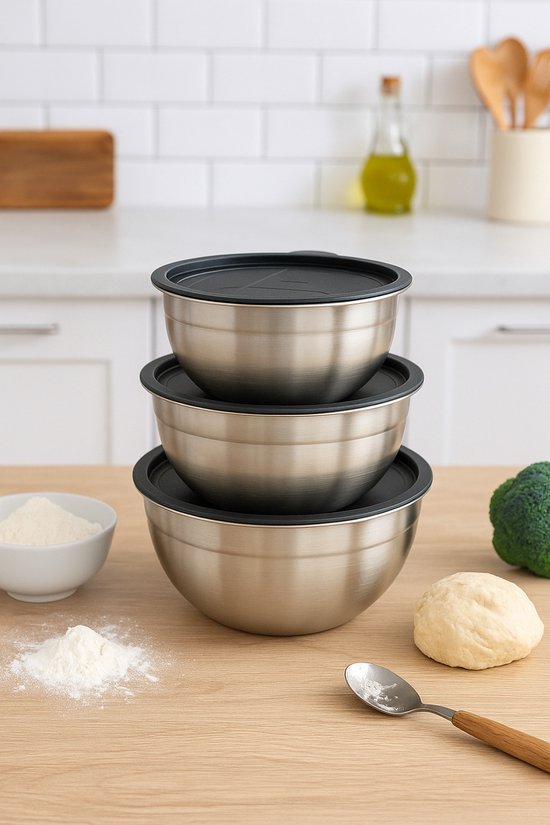 Ceruzo Bols à mélanger avec couvercle- set de 3 - acier inoxydable - 1 -2-3 Litres-Closeable-Stackable