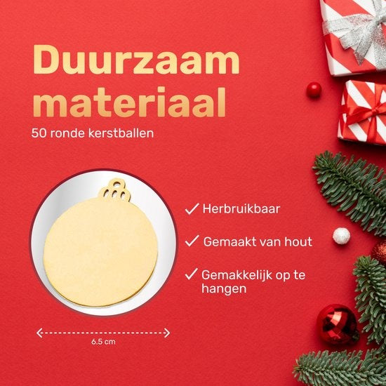 Giftmas Boules de Noël en bois - Décorations de Noël pour l'intérieur - Boule de Noël en bois - Noël - ?6.5cm - 50 Pièces