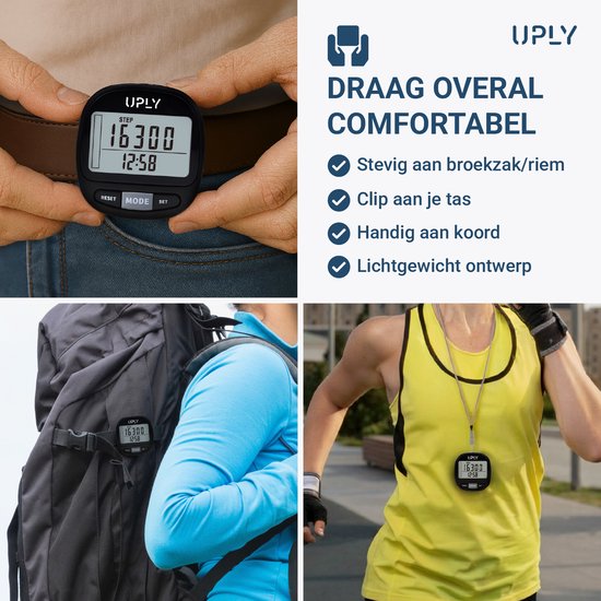 Uply Podomètre avec clip et sangle de transport - Capteur 3D - Podomètre de poche - Pile incluse - Noir