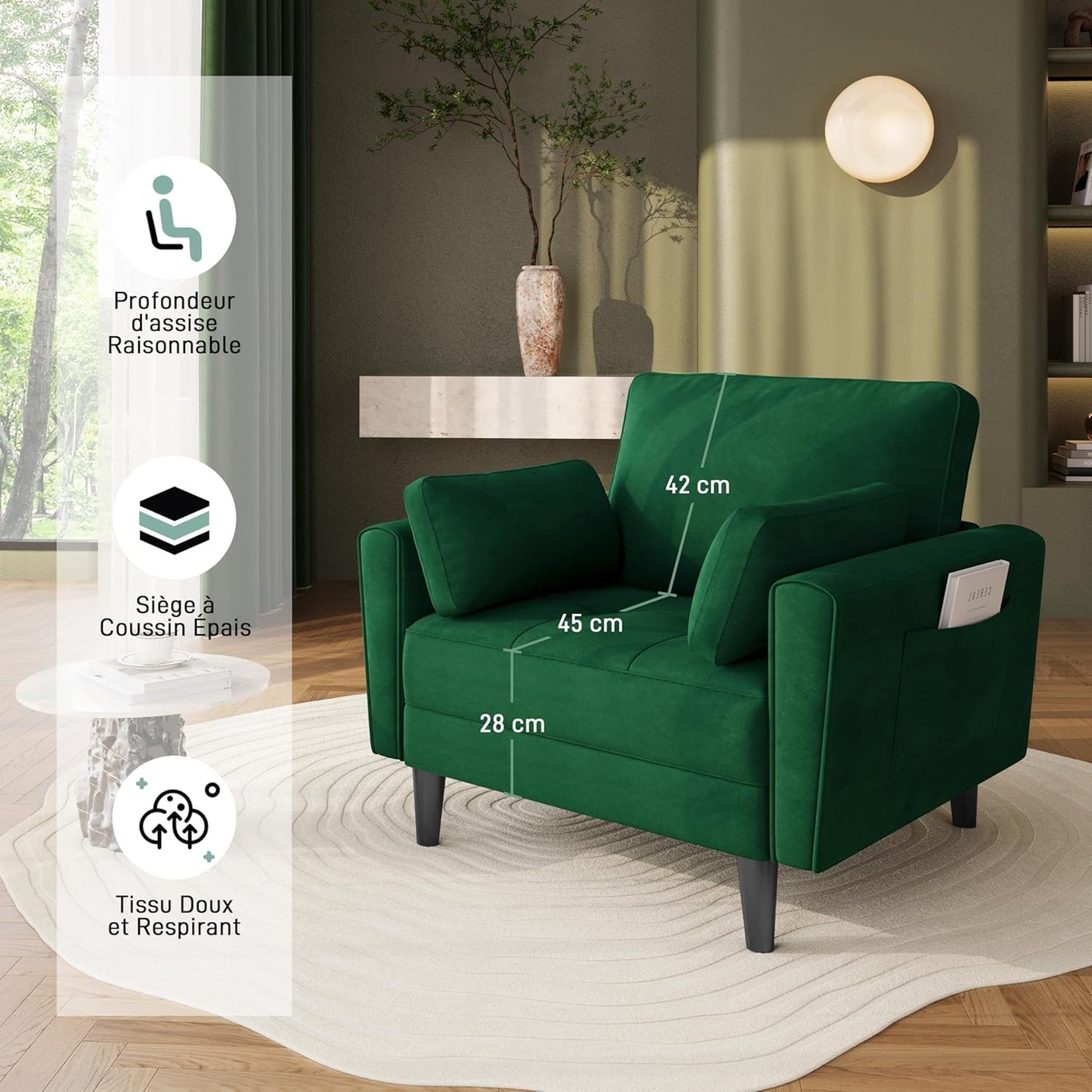 Yaheetech Fauteuil de salon moderne avec accoudoirs et poches Fauteuil de relaxation avec coussins Cadre en bois Fauteuil de chambre en tissu pour salon Vert