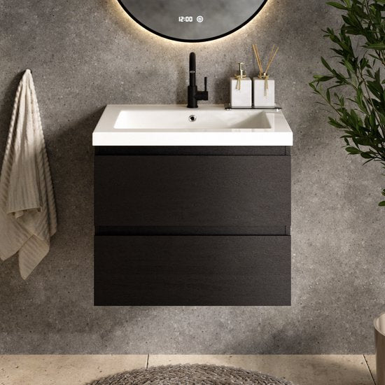 Meuble de salle de bains Mirlux en chêne noir 60 cm - Lavabo blanc - Ensemble de meubles de salle de bains - Meuble-lavabo en chêne noir