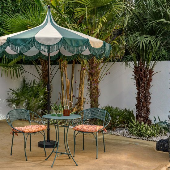 Mica Decorations Kim : parasol rayé avec sac de transport - Parasol à mât 238 x Ø 235 cm - Parasol de jardin ou de balcon - Polyester, acier - Vert foncé