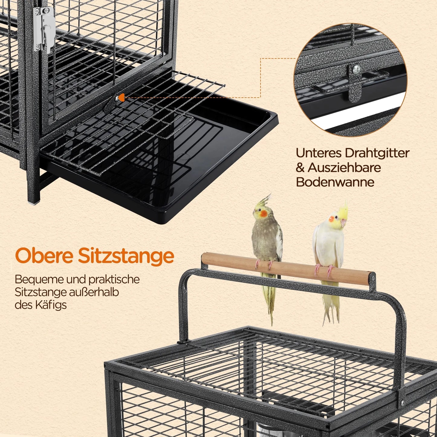 Yaheetech Cage à oiseaux avec poignée - Avec perchoirs en bois, revêtement hydrofuge et porte verrouillable - Pour canaris et perruches - Métal noir, plastique et bois - 48,5 x 39 x 65 cm