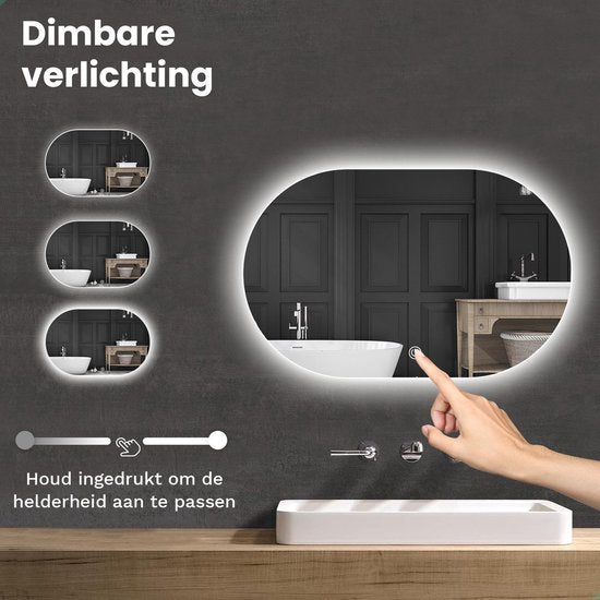 Mirlux Miroir de salle de bain avec éclairage LED et chauffage - Miroir mural ovale - Miroir de douche anti-condensation - 90x60CM