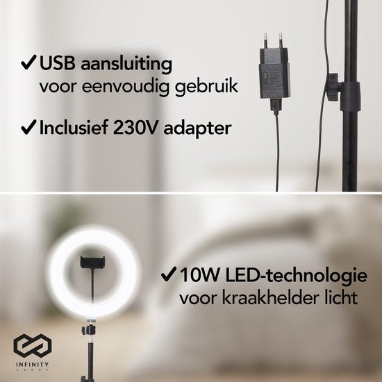Infinity Goods Ring Light With Tripod - LED - 3 Colours - Adjustable Tripod Up to 186m - Includes Plug - Selfie Ringlight for Tiktok / Instagram / Youtube / Streaming / Working at Home - Black