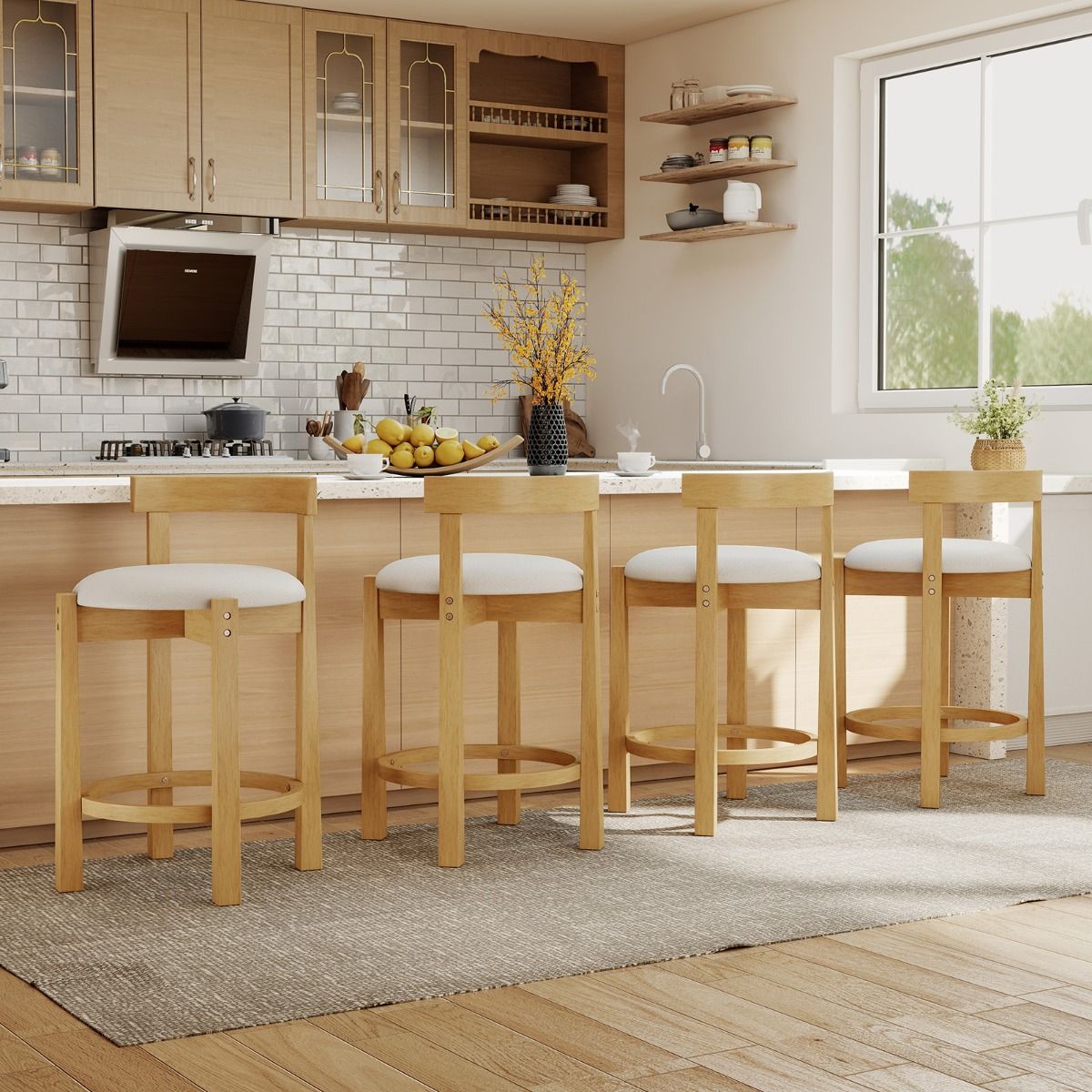 Ensemble de 2 tabourets de bar Coast - avec dossier et repose-pieds - assise en velours teddy - hauteur d'assise 62 cm - couleur naturelle et beige