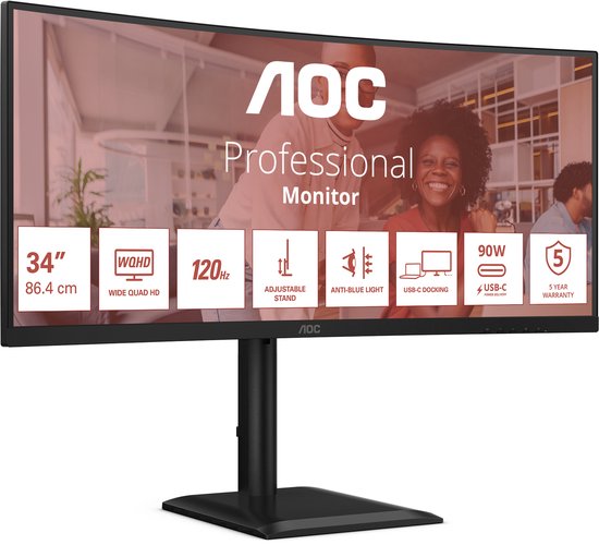 AOC CU34E4C - Écran professionnel incurvé ultra-large - USB-C 90 W - Garantie 5 ans - 34 pouces