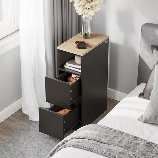 Table de chevet SoBuy Smal, table d'appoint fine avec 2 tiroirs et un compartiment ouvert, pour le salon, la chambre ou le bureau, 20 x 35 x 60 cm, noir, FBT149-SCH