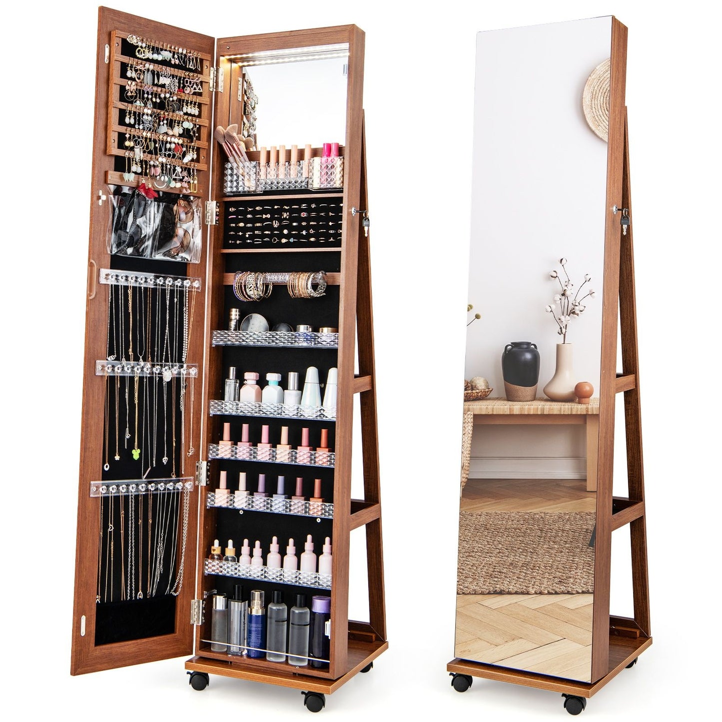 163 cm Armoire à bijoux verrouillable Miroir de maquillage intégré Eclairage LED 3 couleurs Etagères réglables Roulettes universelles