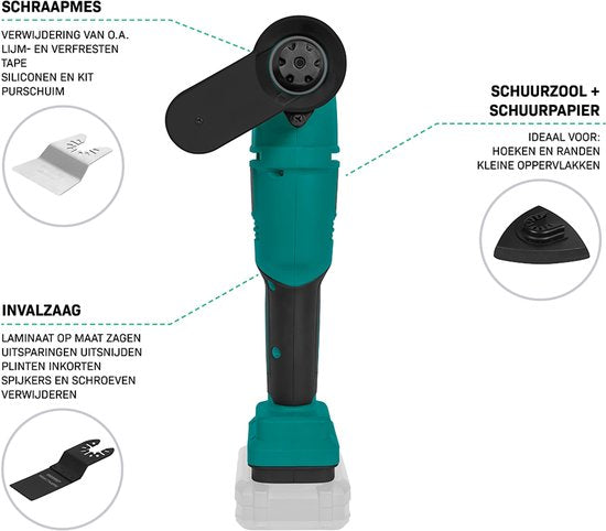 VONROC Accu Multitool 20V - avec lame de raclage, lame de scie circulaire, patin de ponçage et papier de verre - 6 vitesses : 7 000 - 19 000 tr/min - Batterie et chargeur non inclus