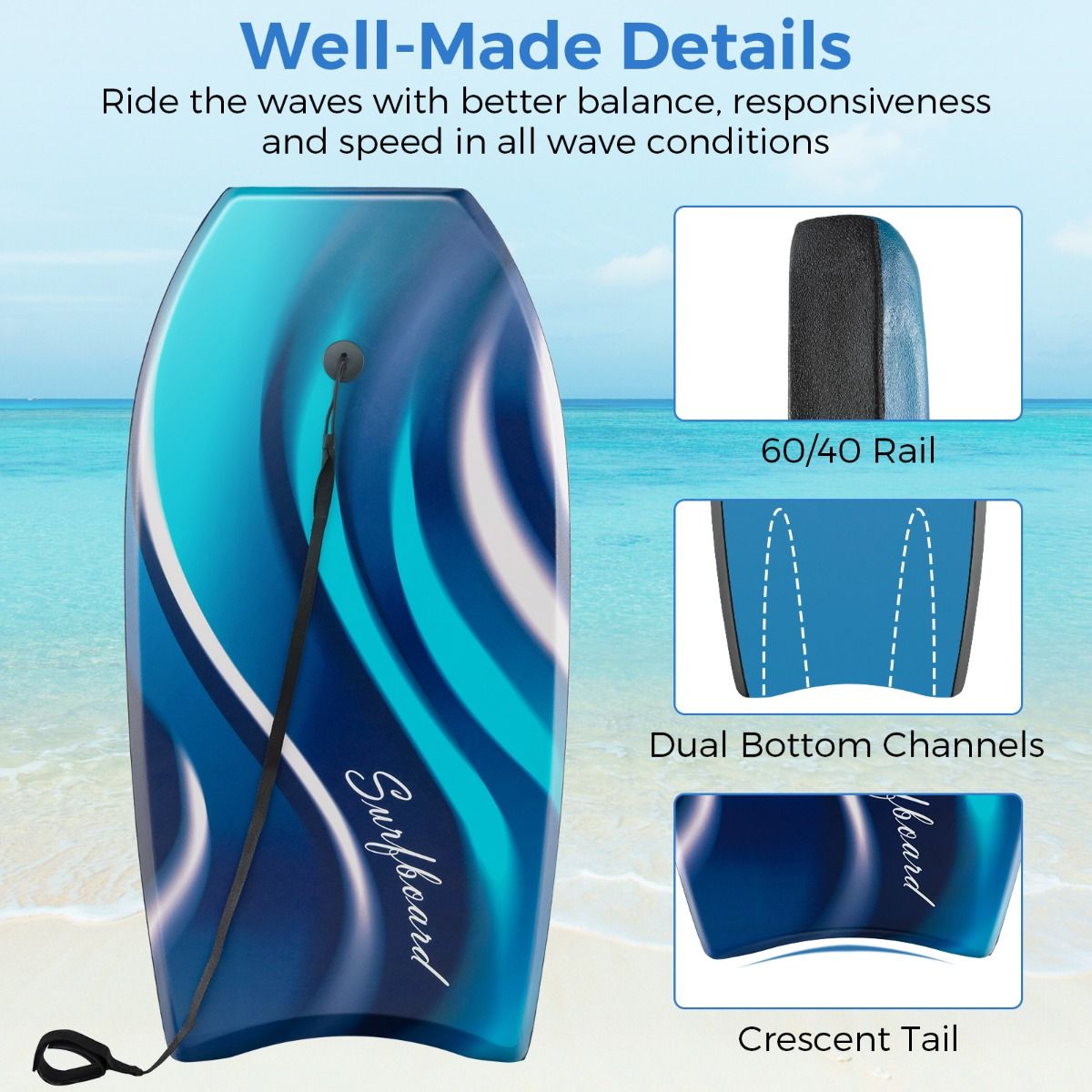 Coast Lightweight Bodyboard 104x52 cm - Bleu - Boogieboard avec noyau EPS et fond HDPE pour adolescents et adultes