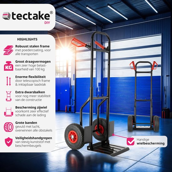 tectake® - Chariot jusqu'à 100kg - chariot de transport - robuste avec cadre extensible.