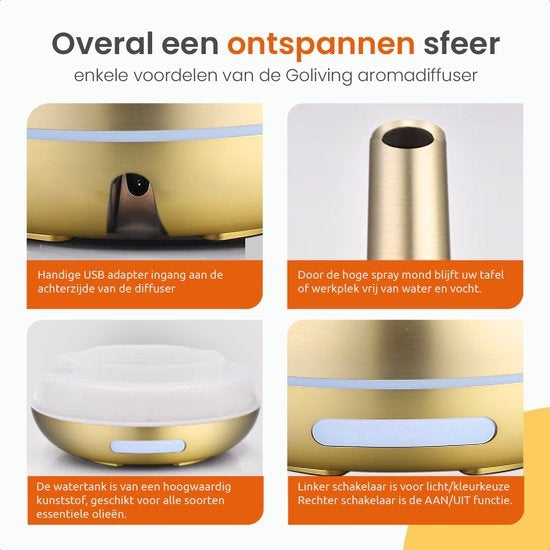 Goliving Diffuseur d'arômes - Humidificateur - Aromathérapie - 2 huiles essentielles incluses - 10 couleurs LED - Diffuseur de parfum - Or