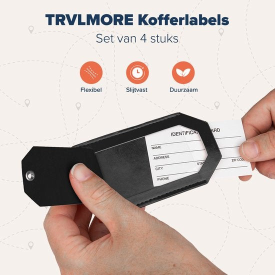 TRVLMORE Etiquette de bagage - Cuir - Pour valises et sacs - 4 pièces - Noir