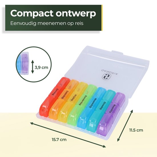 Pilulier Gandria 7 jours - Pilulier amovible - Boîte à médicaments avec 21 compartiments - Boîte à médicaments avec fermeture solide - 3 compartiments par jour - 7 couleurs