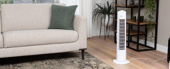 Ventilateur colonne 76 cm – 3 vitesses – Oscillation – Minuterie – Compact et élégant – Tristar VE-5864 – Blanc