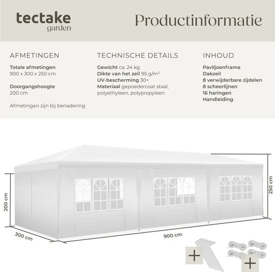 tectake® Pavillon Miramas - Tente de réception 9x3 m - Blanc - 8 panneaux latéraux amovibles - Pavillon de jardin résistant aux UV et à l'eau - Lignes de tension et piquets inclus - Auvent