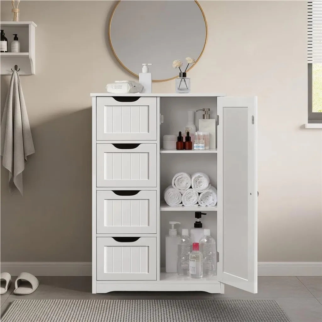 Yaheetech Armoire de toilette - 56x30x82 cm - Rangement - Tiroirs - Réglable - Compact - Blanc