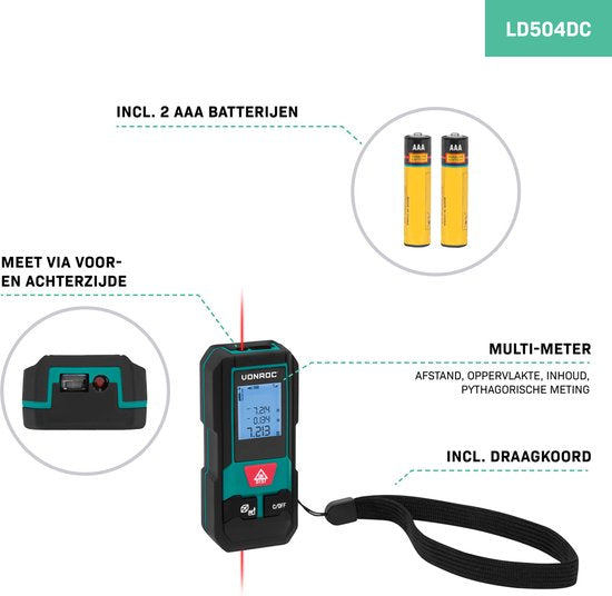 Distancemètre laser VONROC - portée de 20 mètres - format très compact - mesure la distance, la surface, le volume, Pythagore - référence de mesure réglable - piles incluses