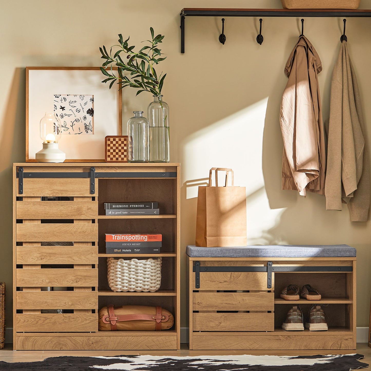 SoBuy FSB65-N Buffet / Meuble à chaussures avec porte coulissante - 80x35x89 cm - Chêne - Design industriel