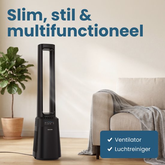 Ventilateur colonne Auronic - Modèle 2 en 1 sans pales - Purificateur d'air avec filtre HEPA - Ventilateur - 10 vitesses - Télécommande - 105 cm - Noir