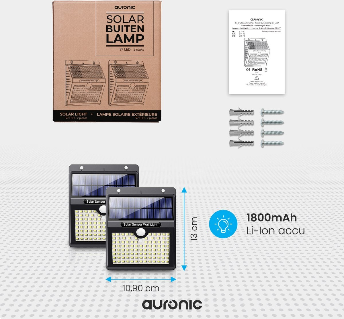 Auronic Lampe solaire d'extérieur avec détecteur de mouvement - Applique murale avec détecteur - Solaire - 97 LED - IP65 - 2 pièces - Noir