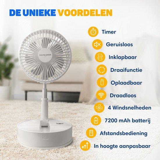 Vulpes Goods® Tech - Ventilateur sans fil sur trépied avec télécommande - 4en1 - Rechargeable et réglable - Silencieux - 12dB - Minuteur - Ventilateur de table, ventilateur sur trépied, ventilateur de sol, ventilateur USB - Version PRO