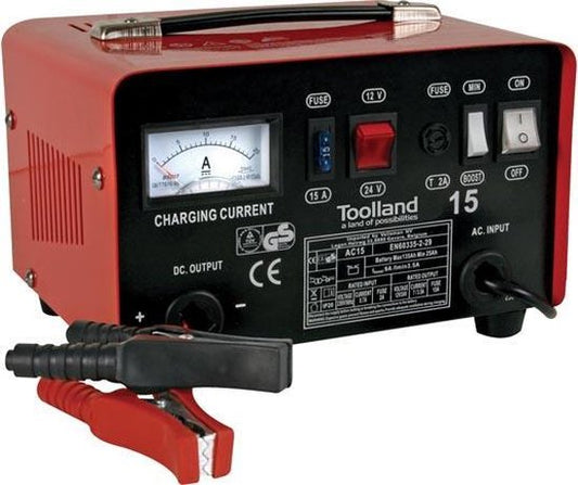 Toolland Chargeur de batterie 12/24 V, avec booster/aide au démarrage 9 A, avec protection thermique contre les surcharges, ampèremètre - boîtier métallique, rouge