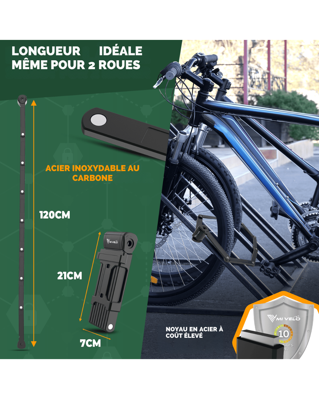 Antivol vélo MIVELO robuste avec code – 120 cm de long – Acier au carbone – Étanche – 20 x 6 cm – Noir