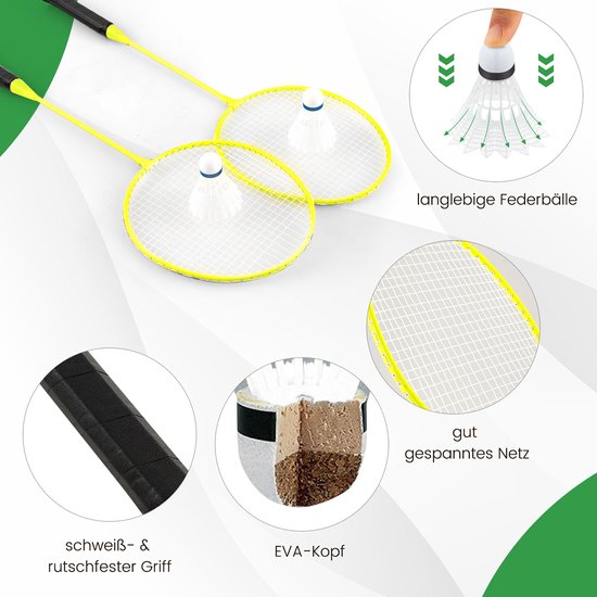 COSTWAY Support de filet de badminton, jeu de navette portable avec raquettes, 2 navettes, filet et boîte de rangement, set complet de badminton pour badminton/tennis et volley-ball pour l'intérieur et l'extérieur