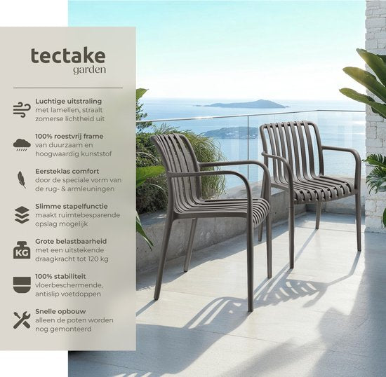 tectake® Lot de 2 chaises de jardin Alcudia - Anthracite - Chaises en plastique avec accoudoir - Set de jardin pour la table de jardin ou le camping empilable - Chaises pour le jardin, la terrasse ou le balcon - Résistantes aux intempéries et aux UV - Cap