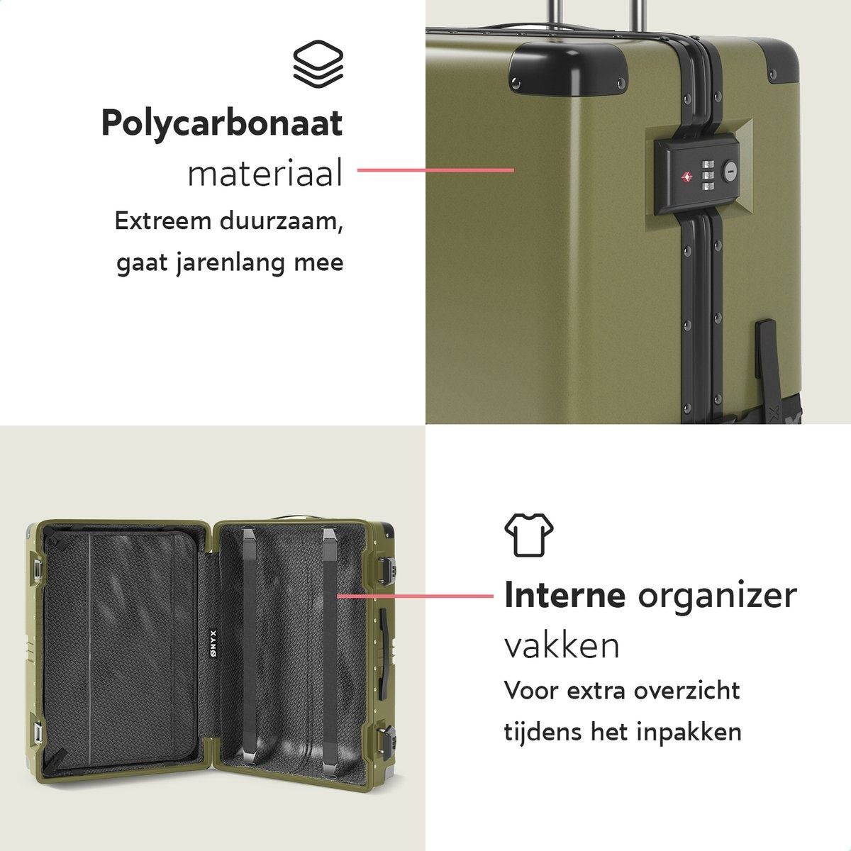Valise bagage à main ONYX 100L - Ensemble de valises - léger - Serrure TSA - aluminium - Vert olive