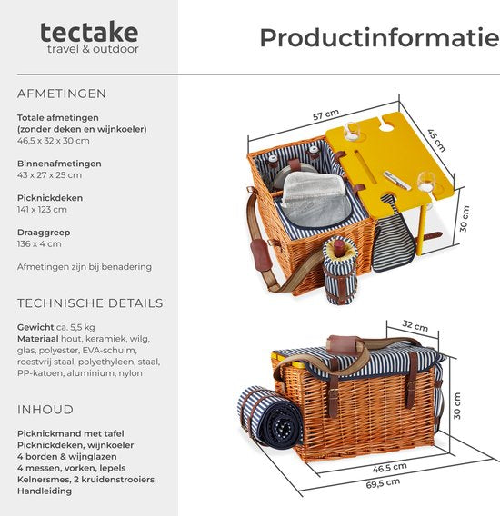 tectake® complete Picnic Basket Set Texel - Luxury 24-piece Picnic Set for 2 - Wicker Picnic Basket with Picnic Carpet - Includes Cool Box, Set of Plates, Plastic Wine Glasses and Stainless Steel Cutlery