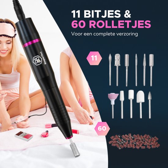Beeperfect® Lime à ongles électrique - Routeur d'ongles - Ensemble manucure et pédicure - 12 embouts et 60 rouleaux de ponçage - 4 accessoires supplémentaires - Noir