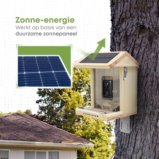 Vogelview - Mangeoire pour oiseaux - Mangeoire équipée d'une caméra - En bois - Reconnaissance des oiseaux par IA - 1080 HD - Audio - Avec panneau solaire