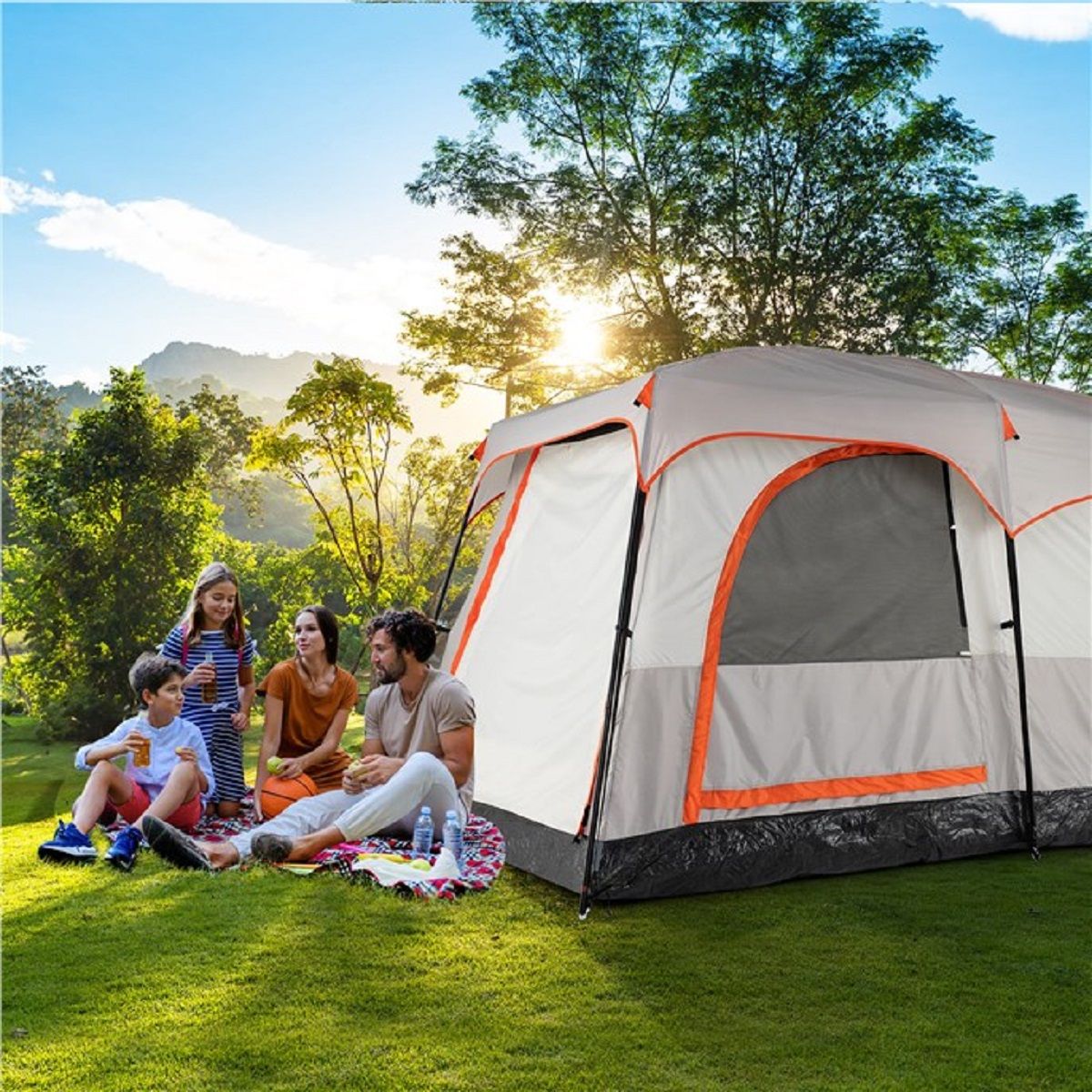 Tente de camping Coast pour 6 personnes - 2 chambres séparées par une cloison - housse anti-pluie et fenêtres en moustiquaire - gris