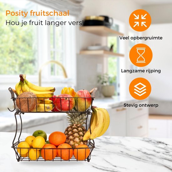 Posity Fruit Bowl 2 Layer - Fruit Basket - Fruit Etagere - Vegetable Basket - Wire Basket - With Banana Holder - Wood & Metal - Black