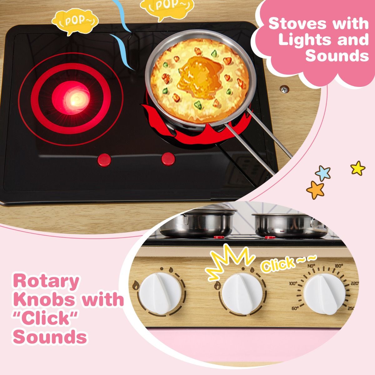 Cuisine jouet en bois Coast pour enfants - lumières et sons - micro-ondes et four - rose