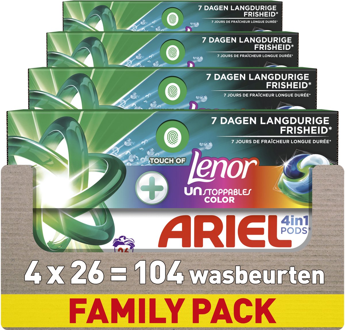 Capsules de lessive Ariel 4 en 1 + Touch Of Lenor Unstoppables Color - 4 x 26 lavages