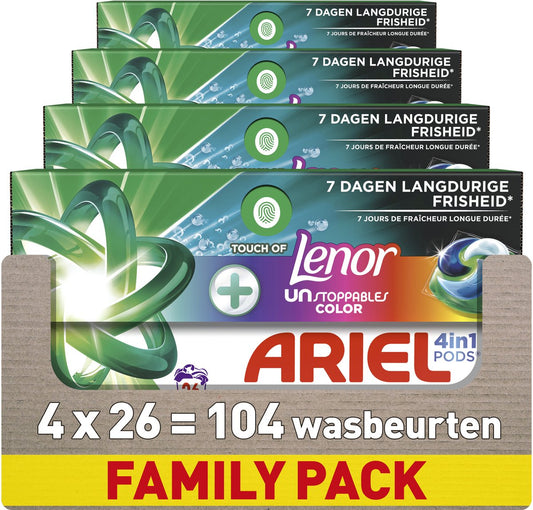 Capsules de lessive Ariel 4 en 1 + Touch Of Lenor Unstoppables Color - 4 x 26 lavages