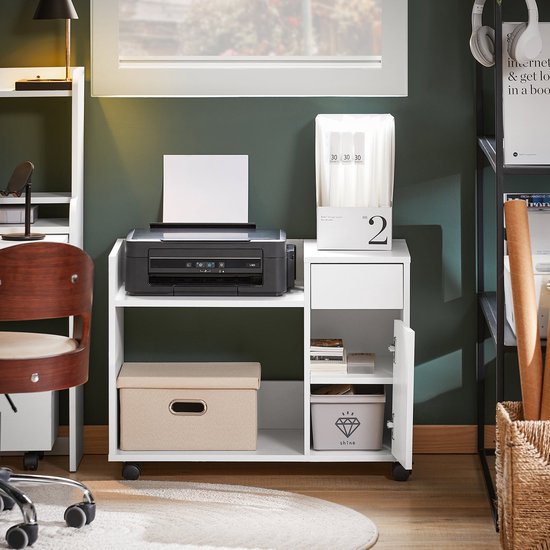 SoBuy ASK02-W Armoire de bureau - Armoire à imprimante blanche avec tiroirs et roulettes